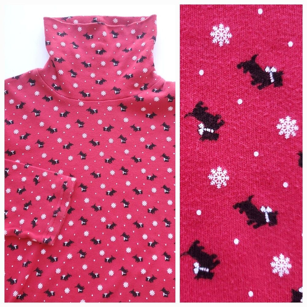 Scottie Dog Turtleneck Shirt Womens M (8-10) Red Christmas Snowflakes White Stag
